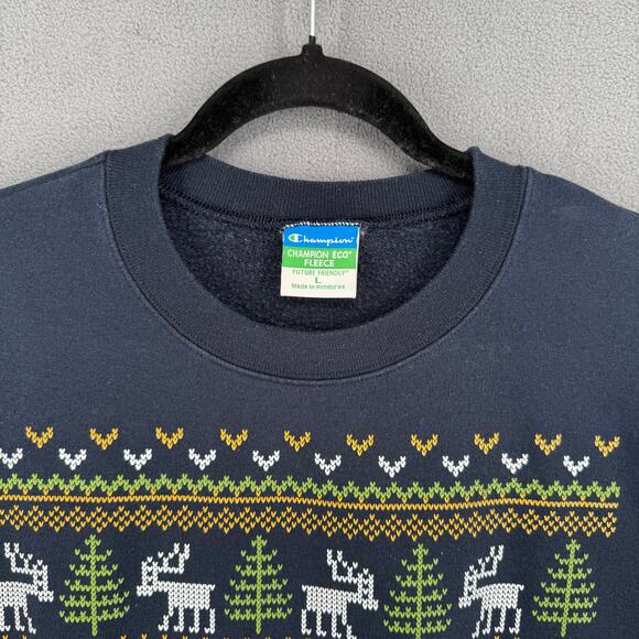 Champion Eco Fleece Dowling Fair Isle Winter Crewneck Sweatshirt L Pullover Blue - Picture 3 of 9